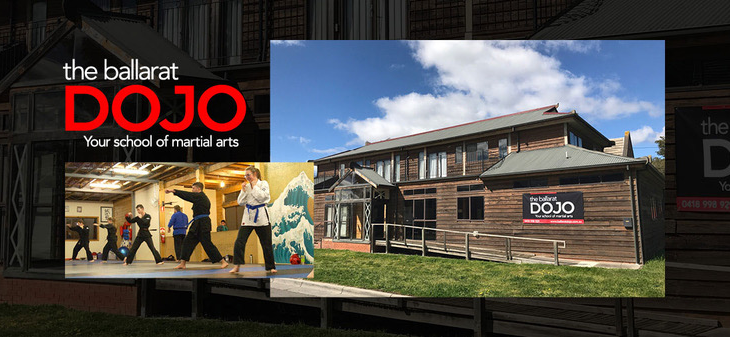Collage of logo, students training and the dojo building.